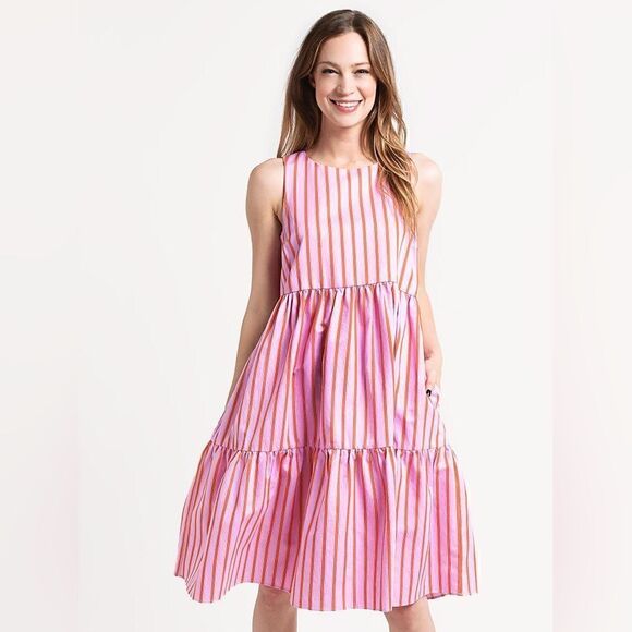 M.D.S Stripes Pink Stripe Peasant Dress Size 10 With Pockets - Picture 2 of 12